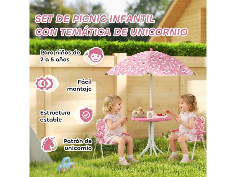 Ensemble table et chaises de jardin pour enfants 4 pièces, chaises pliantes, parasol amovible, motif licorne rose - Conforama E