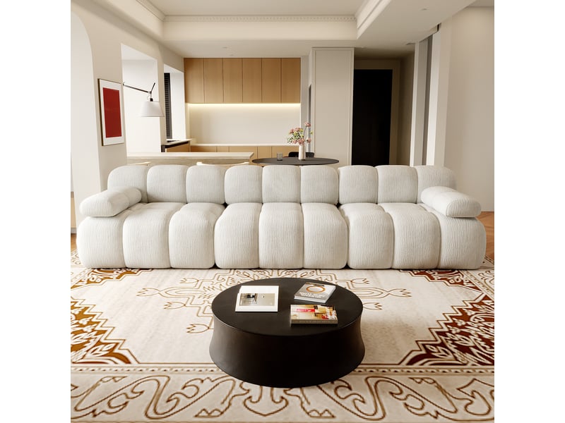  Canapé droit fixe 3 places blanc en tissu, mousse sans structure, 300 cm, confort au quotidien pour votre salon  - Conforama E