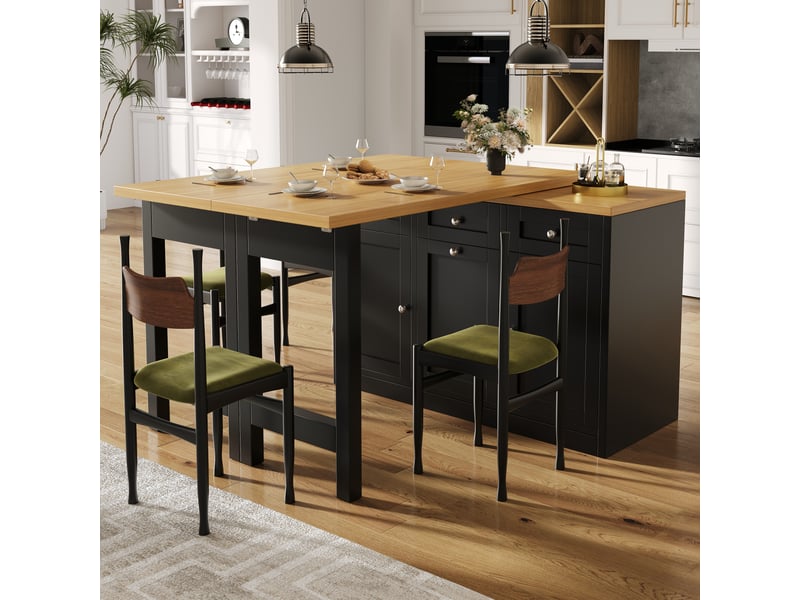  Table de bar extensible, îlot de cuisine avec rangement, table pliante, tiroir, support poubelle coulissant, mdf, noir Bubbly - Conforama B