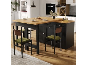 Table de bar extensible, îlot de cuisine avec rangement, table pliante, tiroir, support poubelle coulissant, mdf, noir