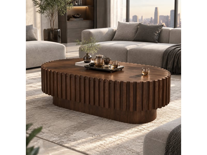  Table basse ovale avec tiroir de rangement, finition noyer foncé à lattes verticales, en mdf, 100 × 50 × 35,5 cm  - Conforama D
