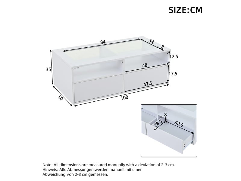  Table basse rectangulaire blanc avec 2 tiroirs - 50x100 cm led panneau de particules table basse blanc - Conforama C