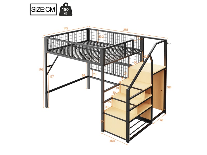  Lit mezzanine 140x200cm coloris noir led métal lit enfant noir - Conforama C