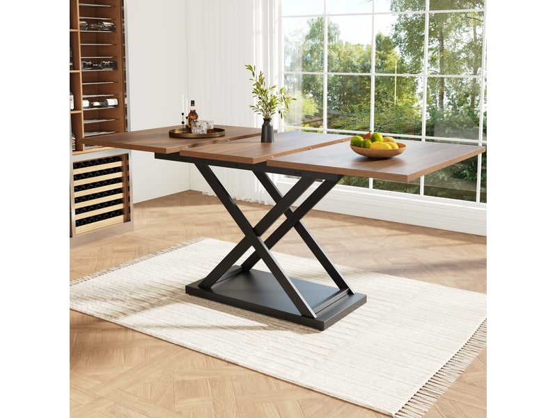  Table extensible (120)160×80x75cm avec pieds en métal à design croisé, style naturel, pour salon, mdf, noyer et noir  - Conforama B