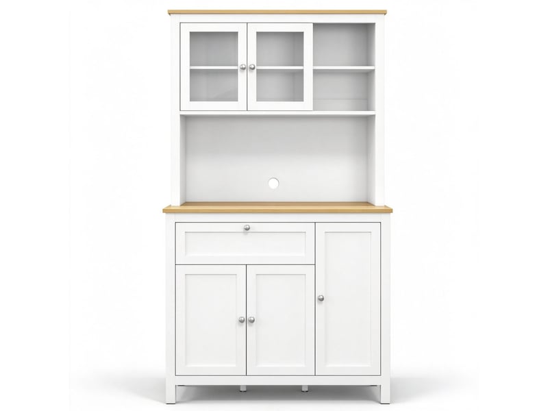 Buffet de rangement - buffet haut de cuisine avec 5 portes (dont 2 portes vitrées), blanc, 1 tiroir et niche centrale - Conforama A