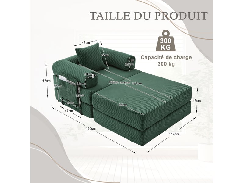 Fauteuil 1 place compressé avec repose-pieds et coussin en velours côtelé vert émeraude - Conforama E