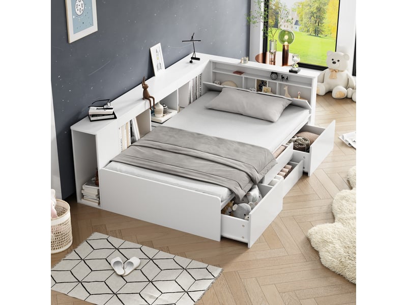 Lit enfant 90x200 multifonction avec tiroirs de rangement et bibliothèque intégrée - blanc - Conforama W