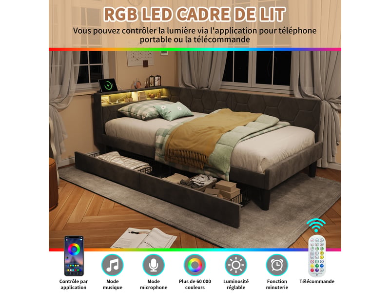  Kefsr lit double capitonné 140x200 cm en velours gris - lit avec 2 tiroirs de rangement, tête de lit led, étagères et ports usbtype-c, convertible banquette  - Conforama D