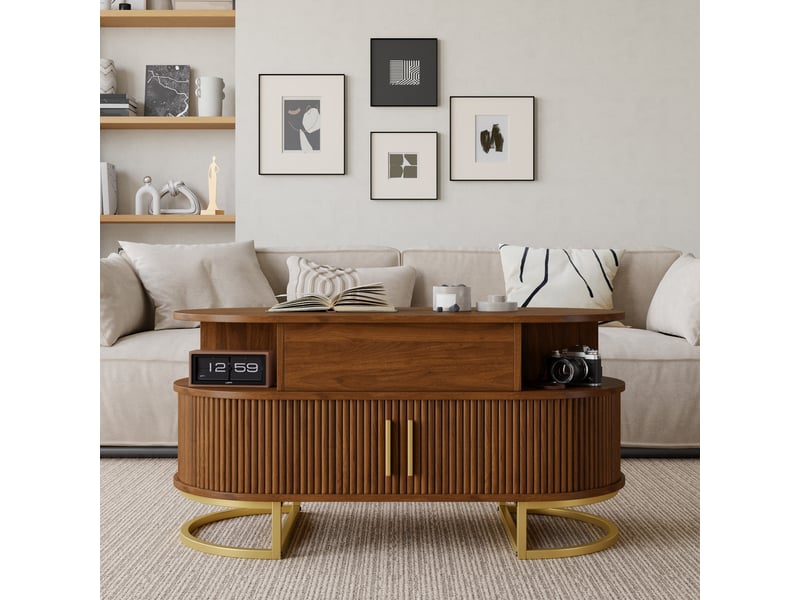  Table basse ovale 100x50x64 cm, plateau relevable hydraulique, rangement, 2 portes coulissantes cannelées, mdf, piètement acier doré, noyer OMNIGLINT TRADING LTD - Conforama D