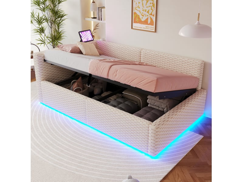  Modenvie lit coffre 90x200 cm - avec led, ports usb et usb-c, rangement hydraulique, sans matelas - beige  - Conforama D