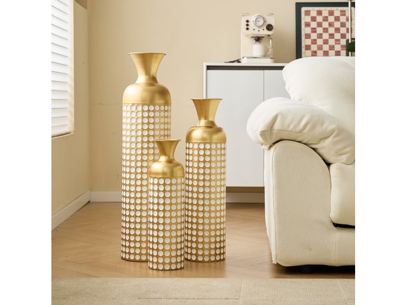  Set de 3 vases de sol 836650 cm motif à pois blancs métal bronze antique et blanc  - Conforama C