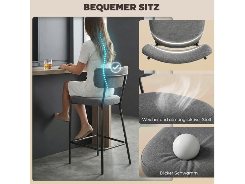  Tabourets de bar lot de 2 avec dossier incurvé, repose-pieds et pieds réglables en polyester gris  - Conforama C