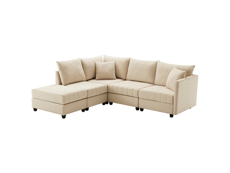  Canapé d'angle modulable 5 places 220x194 cm, configurable en l ou u avec pouf mobile, ressorts ensachés, tissu effet lin beige Radiant Stride - Conforama A