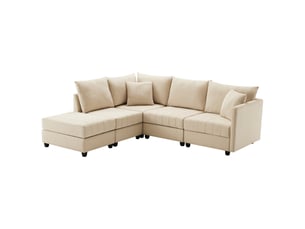 Canapé d'angle modulable 5 places 220x194 cm, configurable en l ou u avec pouf mobile, ressorts ensachés, tissu effet lin beige