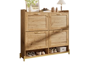 Meuble à chaussures 108,5x24x100 cm, 4 portes à lattes, cadre métal et plateau supérieur, rangement pour entrée et couloir - bois