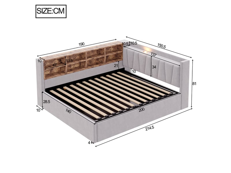  Lit coffre adulte 140x200 cm 2 places avec tête de lit, éclairage led, usb, type-c, rangement et revêtement velours gris clair, sans matelas  - Conforama C