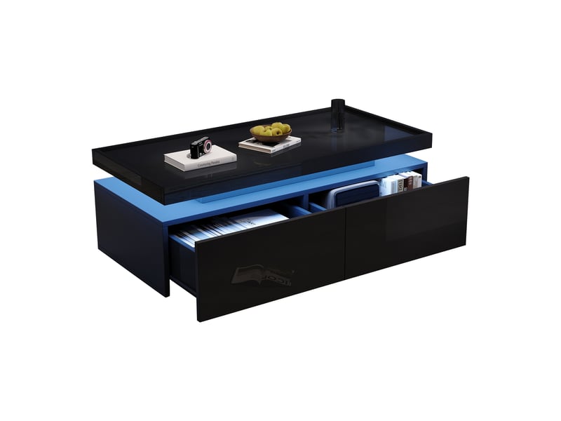 Table basse noire brillante avec led 95x45x35 cm, table de salon avec led et 2 tiroirs, design moderne minimaliste - Conforama A