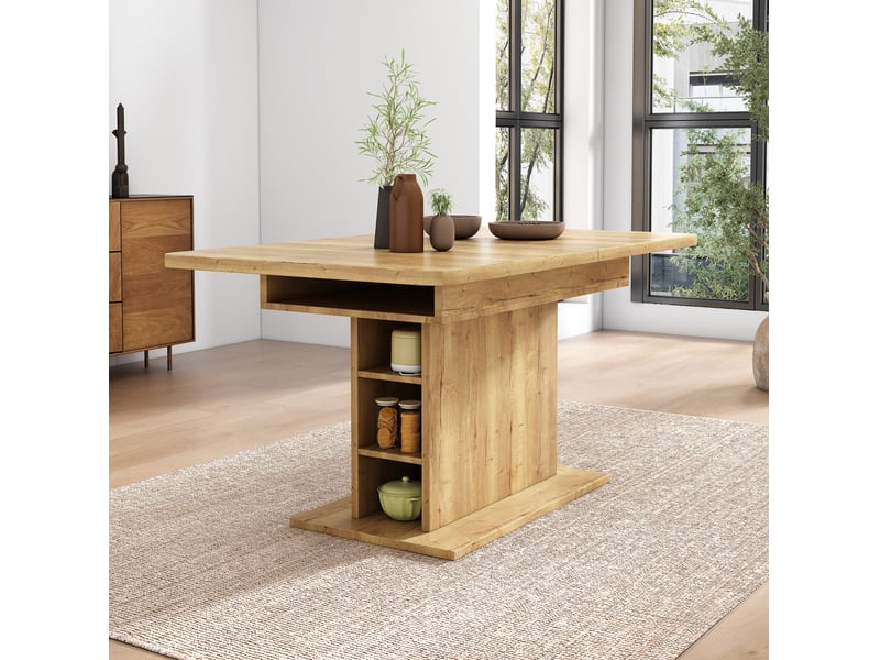  Table à manger extensible, 110-130x70x75 cm, plateau panneau de particules et bois, piètement métal, coloris bois  - Conforama E