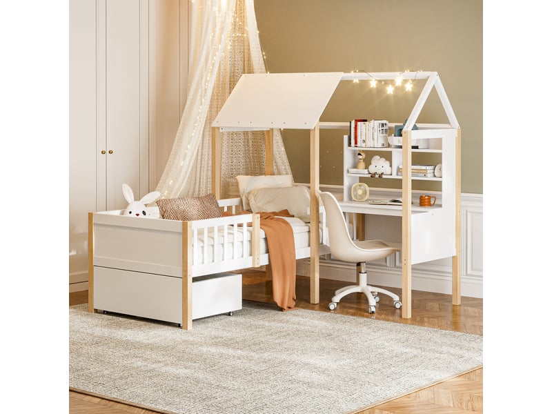  Lit enfant 90x200 cm en bois massif blanc et naturel avec bureau en l, bibliothèque, tiroirs à roulettes et barrière de sécurité.  - Conforama B