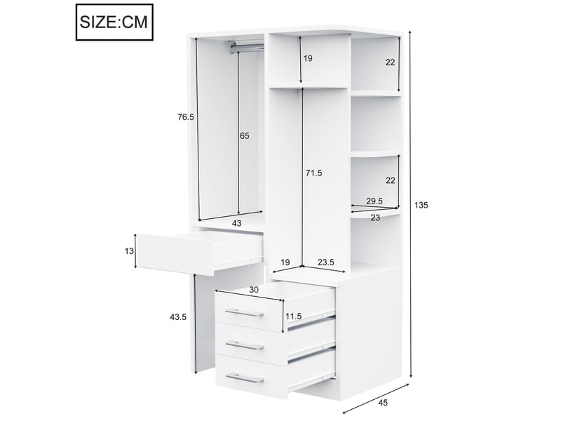  Armoire enfant 70x45x135cm avec penderie, étagères multiniveaux et 3 tiroirs, meuble de rangement multifonction,balnc evarich - Conforama C