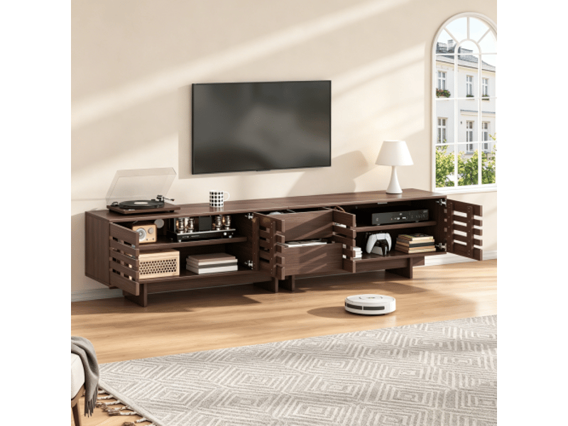  Meuble tv moderne en bois de noyer – 4 portes battantes, 2 tiroirs, 6 compartiments – 200 x 39,5 x 55 cm  - Conforama D