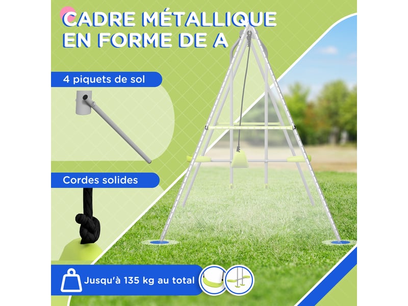  Balançoire 2 agrès portique avec 1 balançoire et face à face 255 x 160 x 180 cm charge max. 135 kg vert gris  - Conforama E