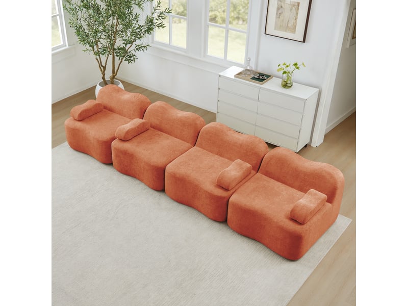  Canapé modulaire 4 places en velours orange, forme ondulée, assise profonde et confort pour votre salon  - Conforama E