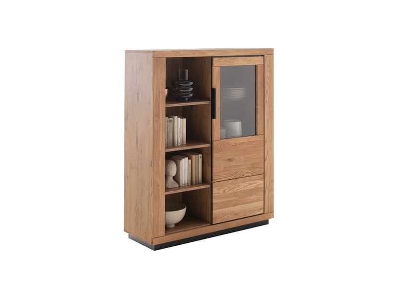  Vitrine avec étagères en verre et 1 porte vitrée  coloris chêne massif huilé - longueur 112 x hauteur 142 x profondeur 40 cm  - Conforama D