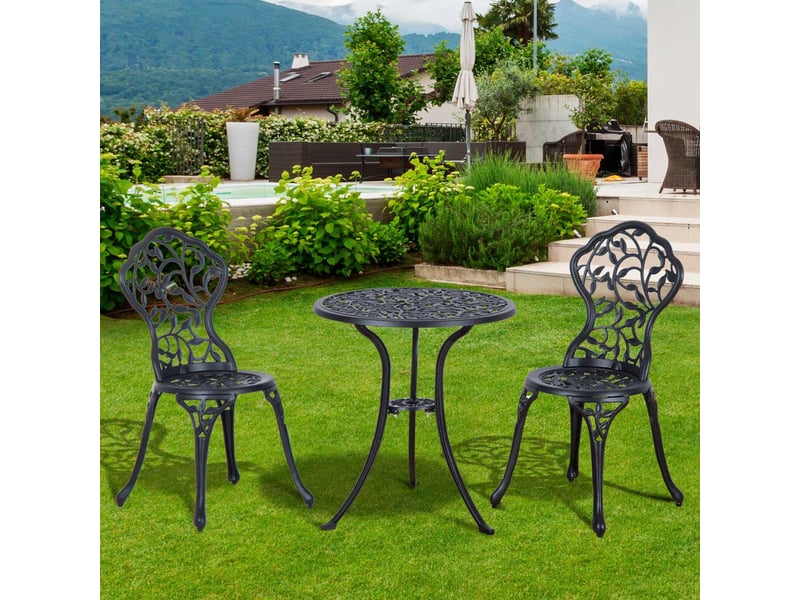 Ensemble de bistrot 3 pièces avec 2 chaises et 1 table ronde style antique, pour jardin, terrasse, balcon, noir - Conforama D