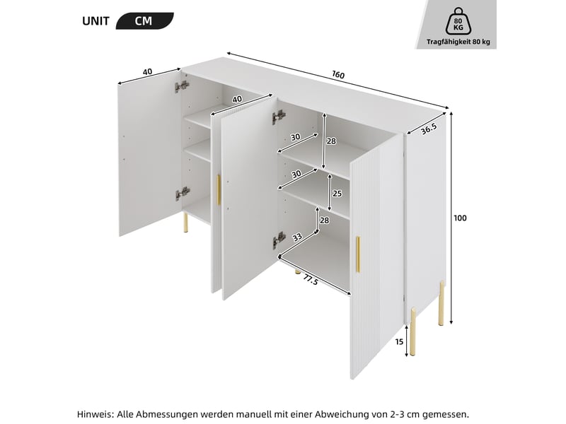 Buffet de rangement 160x36x100 cm, avec 4 portes, panneaux réglables, pour salon, cuisine, panneau de particules blanc - Conforama C