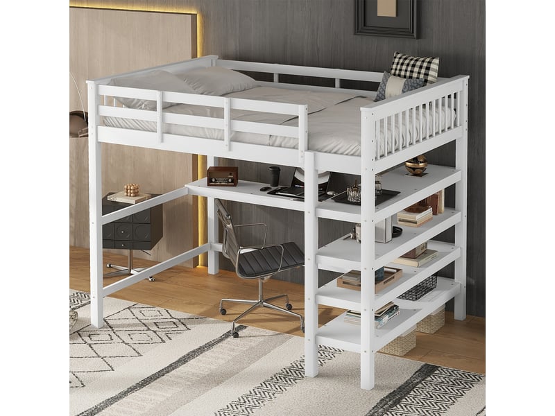 Lit mezzanine 140x200 avec bureau et étagères, lit mezzanine enfant blanc en bois massif, cadre de lit sans matelas, 207x149x169.5cm. - Conforama E
