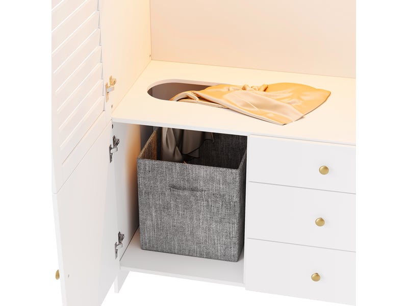 Armoire 5 portes avec led, panier à linge et 6 tiroirs 180x50x200 cm blanche - Conforama R
