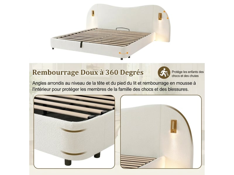  Lit double 180x200 lit coffre hydraulique tissu bouclette blanc avec port usb et liseuse  - Conforama E