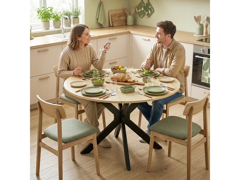 Table de cuisine ronde pliante pour 2 à 6 personnes avec rallonge rabattable, double structure en acier, ø 110 x 76 cm, couleur naturelle - Conforama D