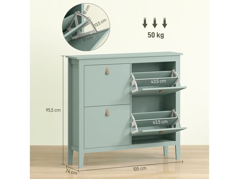  Meuble à chaussures 20 paires, armoire à chaussures avec 4 tiroirs rabattables, étagères amovibles et réglables, vert  - Conforama D