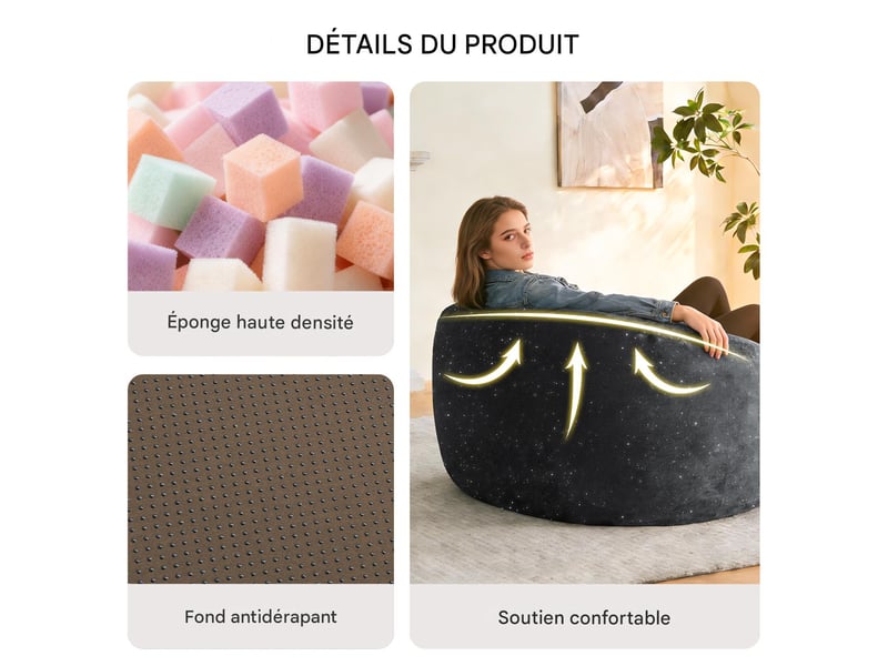  Pouf à dossier haut en flanelle noir 103 x 103 x 65 cm  - Conforama E