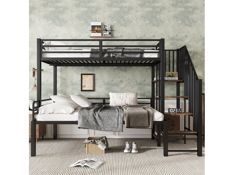  Modenvie lit superposé 90x200 cm et 120x200 cm - avec escalier d angle et rangement, sans matelas - noir  - Conforama E