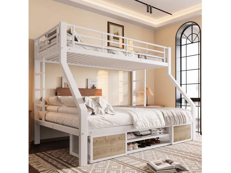  Lit superposé enfant blanc 90 x 200 cm et 140 x 200 cm avec rangement et échelle  - Conforama C