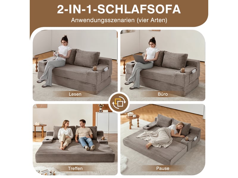 Canapé convertible 2-en-1 en velours côtelé 2 places, 2 coussins inclus, porte-gobelets, rangements latéraux - Conforama E