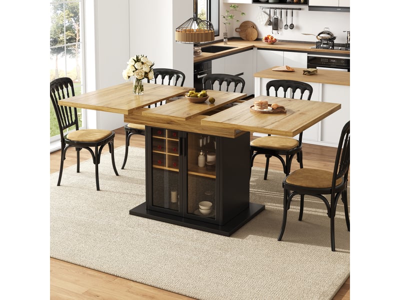  Table de cuisine rectangulaire avec allonge noir+naturel - 80x110-140max.cm mdf table bicolore - Conforama E