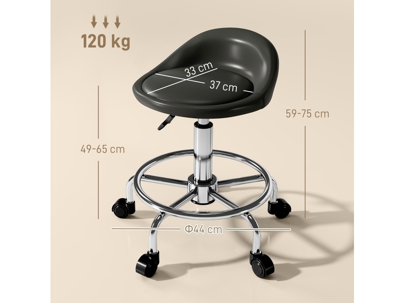  Tabouret de travail 33x37x49-65 cm à roulettes, hauteur réglable, pivotant 360°, dossier, pour bureau, similicuir noir  - Conforama C