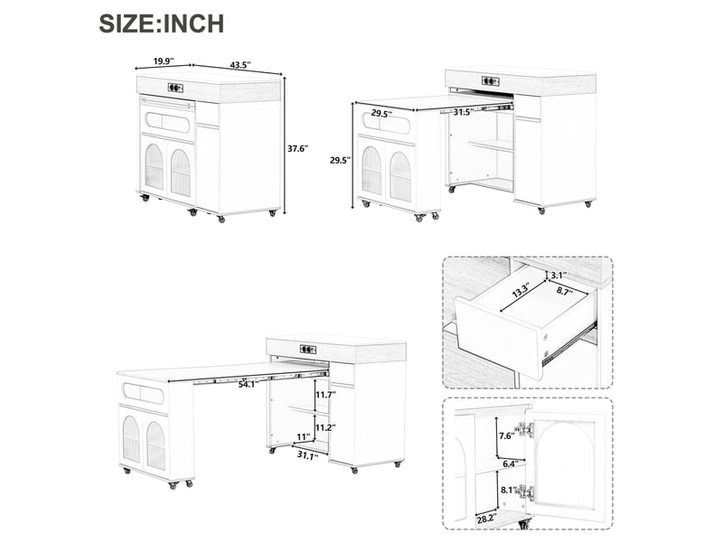  Desserte de cuisine extensible sur roulettes avec 3 portes, 1 tiroir, prises et vitres pour cuisine et salle à manger  - Conforama C
