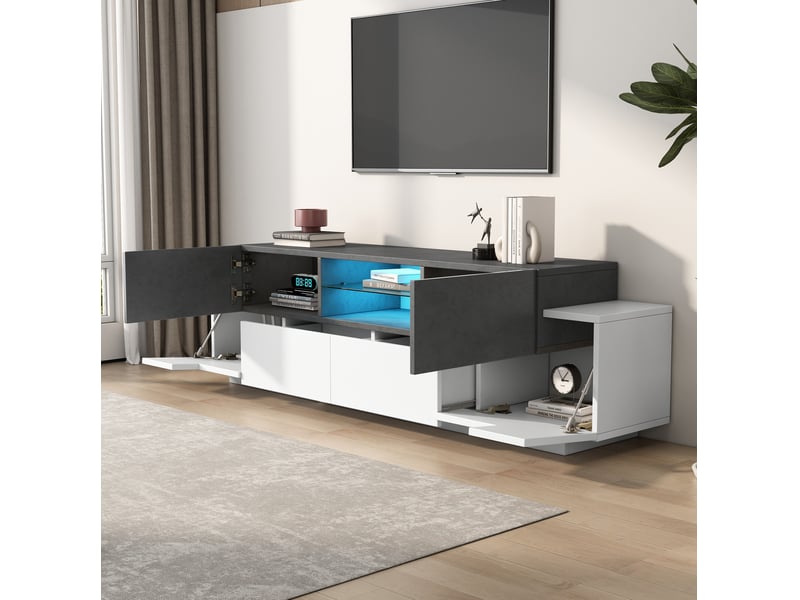  Meuble tv led 180 x 40 x 45 cm avec rangements, blanc et gris, pour tv jusqu'à 80 pouces  - Conforama E