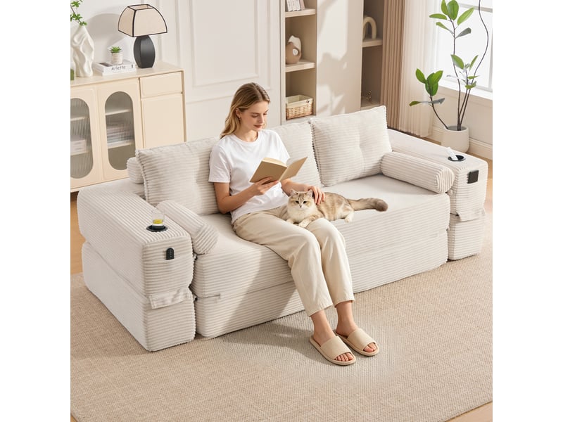 Canapé convertible, canapé-lit, porte-gobelets, 3 places, mobilier pour espace de vie, en velours tricoté - Conforama D
