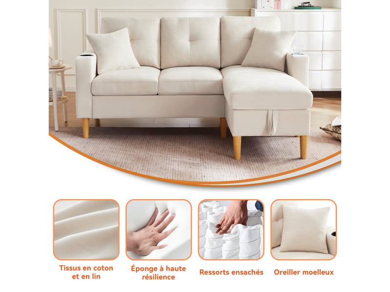  Canapé d'angle 3 places beige en tissu aspect lin avec chaiselongue et rangement intégré  - Conforama W