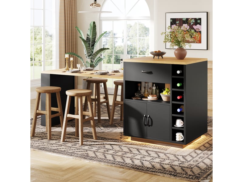  Îlot de cuisine led 60-113 × 70 × 95,5 cm, meuble bar avec table coulissante, desserte buffet fixe avec 2 tiroirs, 4 portes, noir ABC - Conforama E