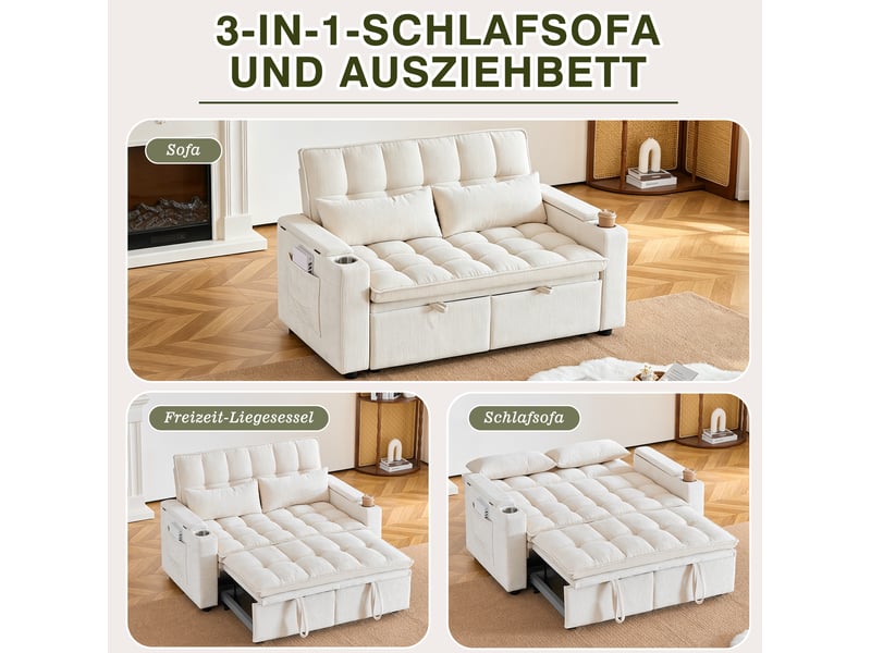  Canapé-lit 3-en-1 142x89x89 cm convertible, 2 porte-gobelets, 2 coussins lombaires, rangements, chenille beige  - Conforama E