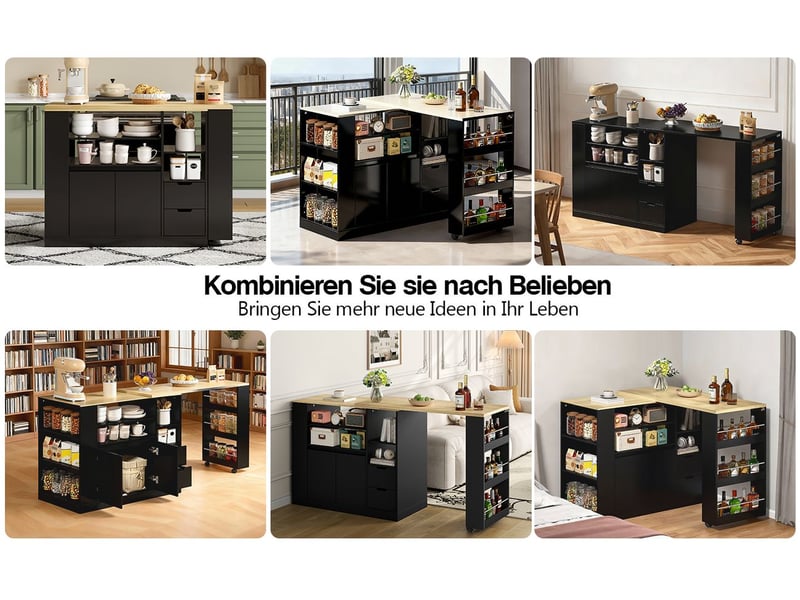  Îlot de cuisine 115 cm plan de travail extensible rangement intégré étagères sur trois côtés deux tiroirs bar à café table à manger extensible structure en bois  - Conforama B