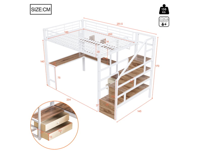  Lit mezzanine 140x200 cm métal blanc avec led, bureau, tiroirs et rangements  - Conforama C