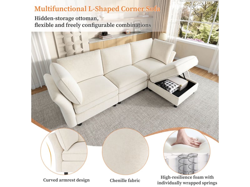  Canapé d’angle modulable 4 places 225 cm avec pouf de rangement, effet cloud, tissu chenille, assise moelleuse, beige  - Conforama D